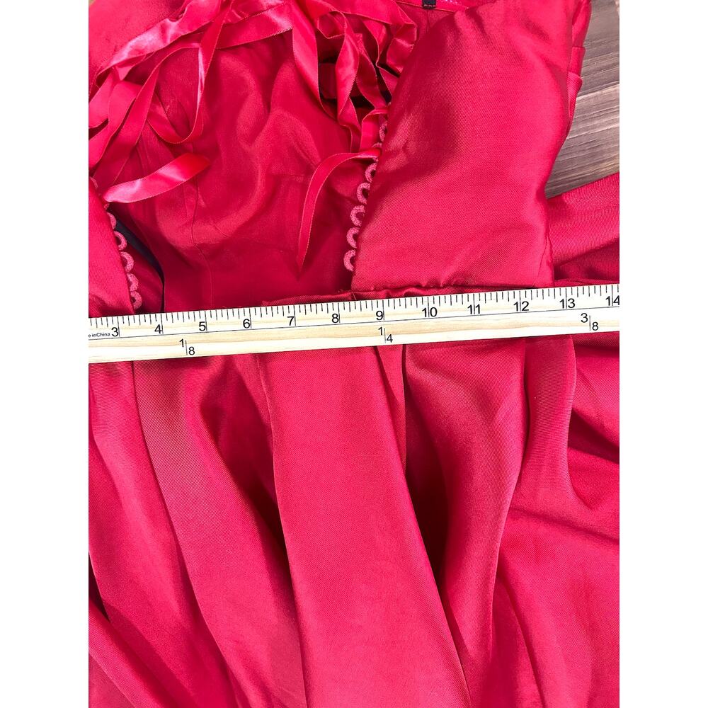 Y2K Strapless Red Satin Mini Dress Small Coquette Oversized Bow Lace Up Corset - Picture 7 of 8
